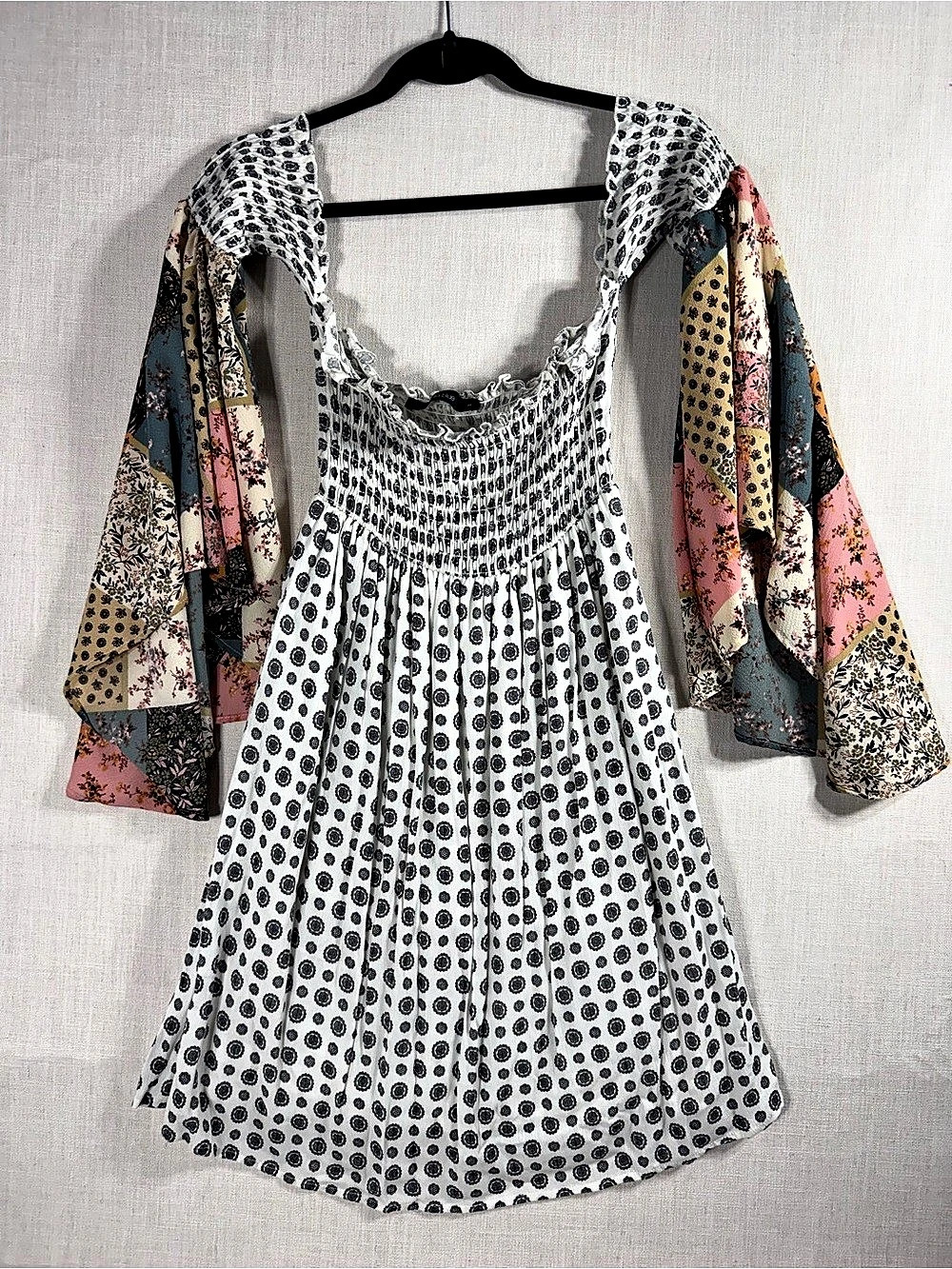 ella blue Floral Patchwork Sleeve Mini Dress Size Medium